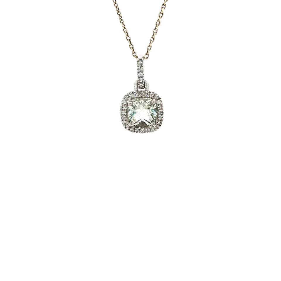 Vintage 14K White Gold Pendant with Prasiolite and Diamond