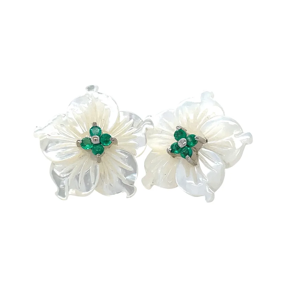 Vintage 14K White Gold Stud Earrings with Emerald and Mother of Pearl