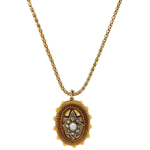 Vintage Gold Necklace with Pearl and Diamond Pendant 9 and 18K Gold