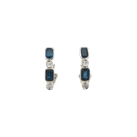 Vintage 18K White Gold Stud Earrings with Sapphire and Diamond