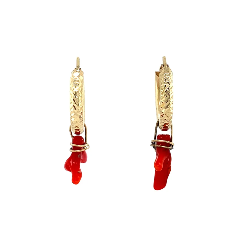 Vintage 14K Gold Hoop Earrings with Red Coral