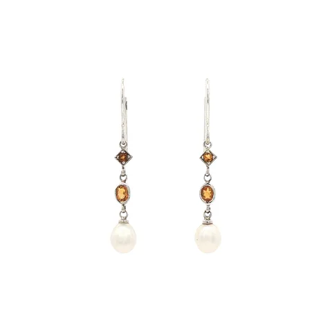 Vintage Sterling Silver Drop Earrings with Citrine and Pearl