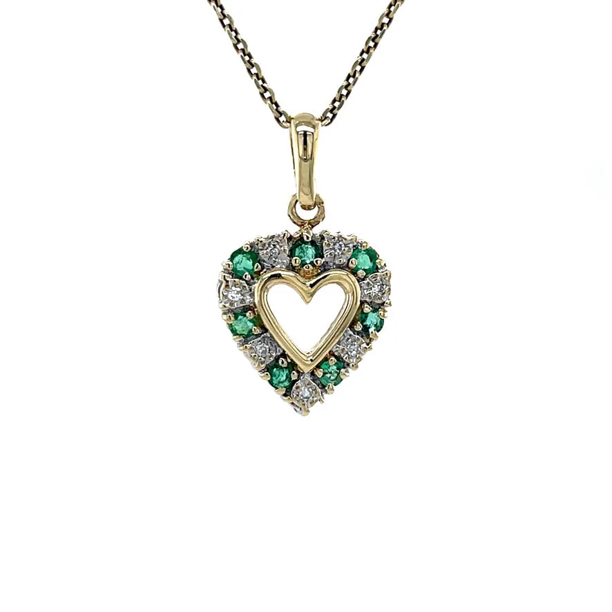 Vintage 14K Gold Heart Pendant with Emerald and Diamond