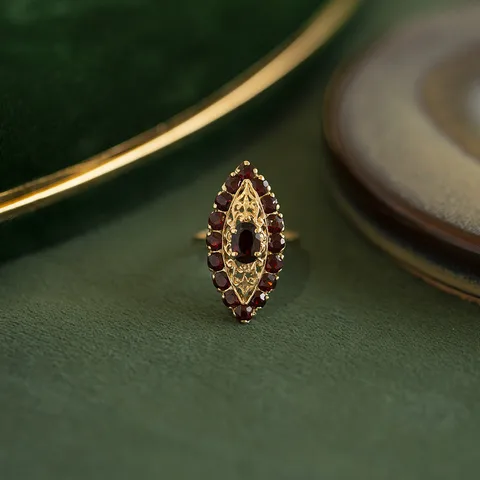 Vintage 14K Gold Navette Ring with Garnet