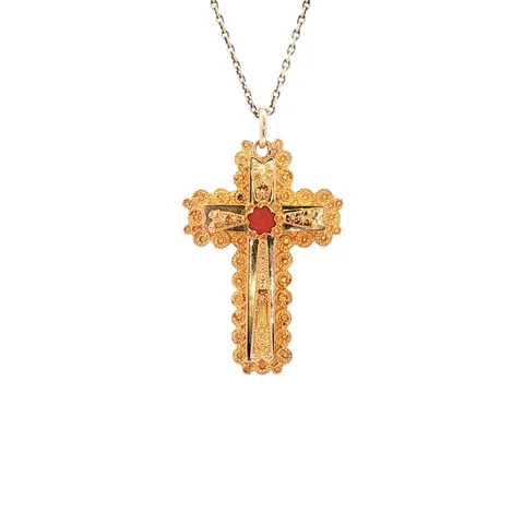 Vintage 14K Gold Cross Pendant with Red Coral