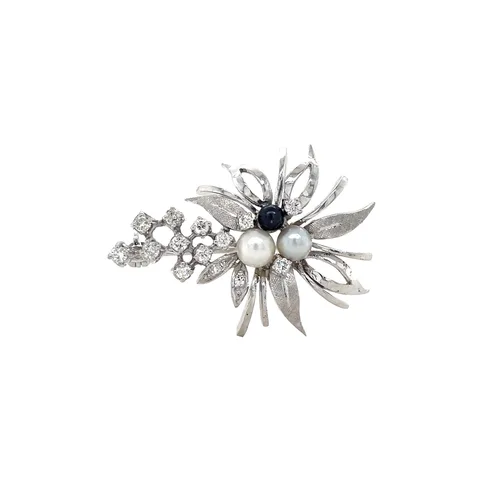 Vintage 14K White Gold Brooch with Pearl, Sapphire and Diamond