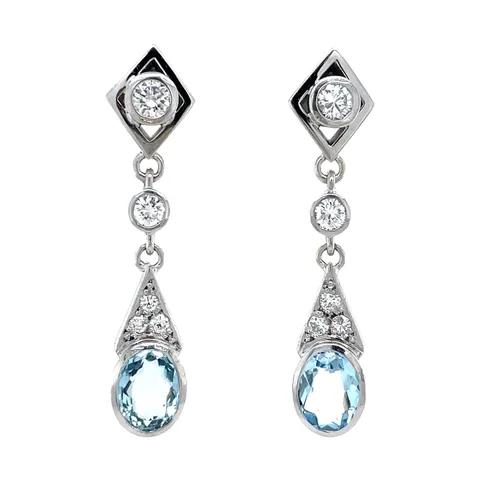 Vintage 14K White Gold Stud Earrings with Aquamarine and Diamond