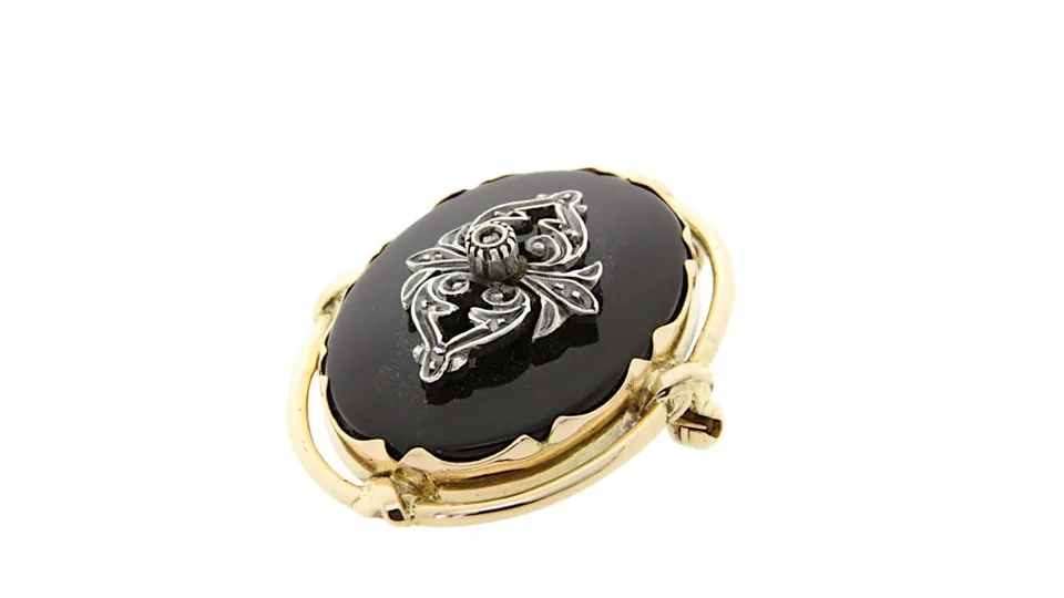 Vintage 14K Gold Pendant and Brooch with Onyx and Diamond