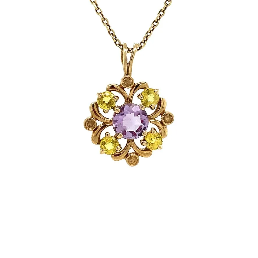 Vintage 9K Gold Pendant with Amethyst and Sapphire