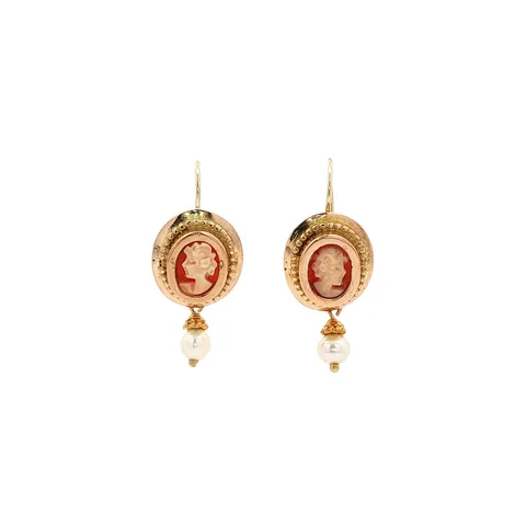 Vintage 14K Gold Drop Earrings with Cameo and Pearl