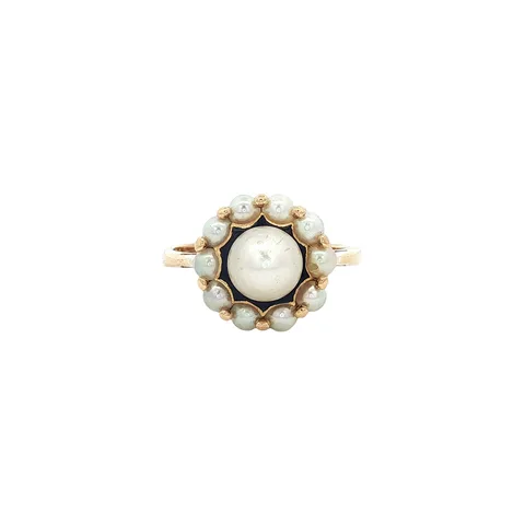 Vintage 18K Gold Ring with Pearl and Enamel
