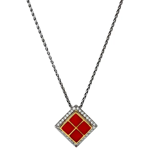 Vintage 18K White Gold Necklace with Pendant with Red Coral and Diamond