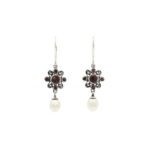 Vintage Sterling Silver Drop Earrings with Garnet and Pearl