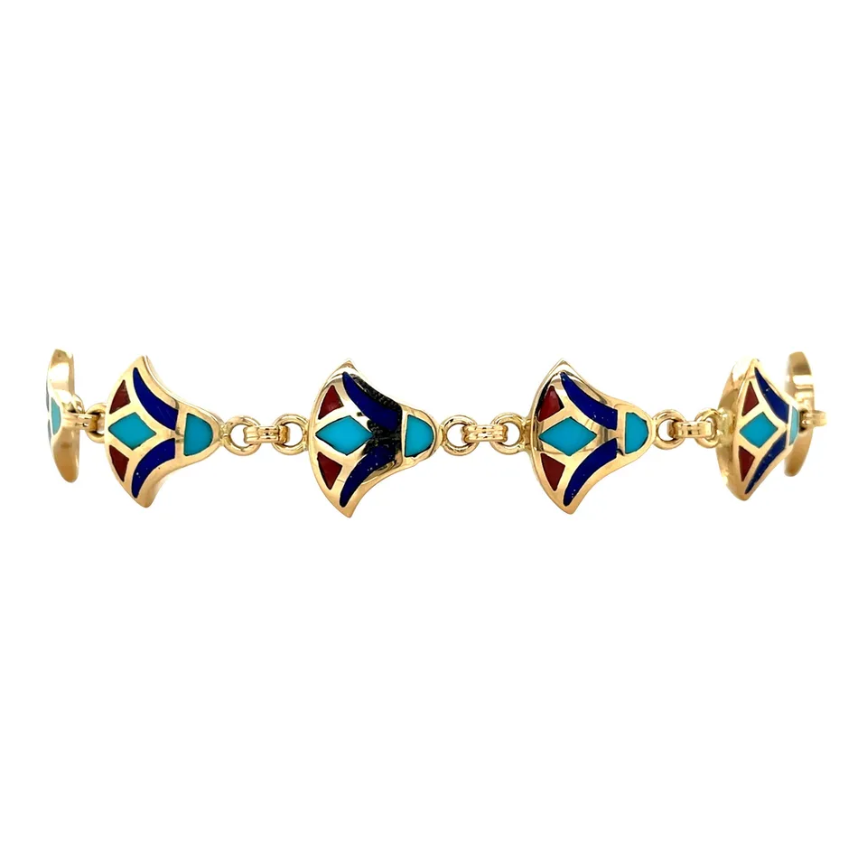 Vintage 18K Gold Bracelet with Turquoise, Red Coral and Lapis Lazuli