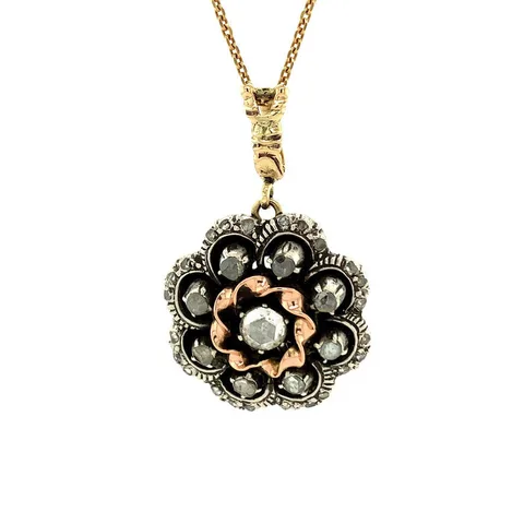 Vintage Cluster 14K Gold Pendant with Rose Cut Diamond
