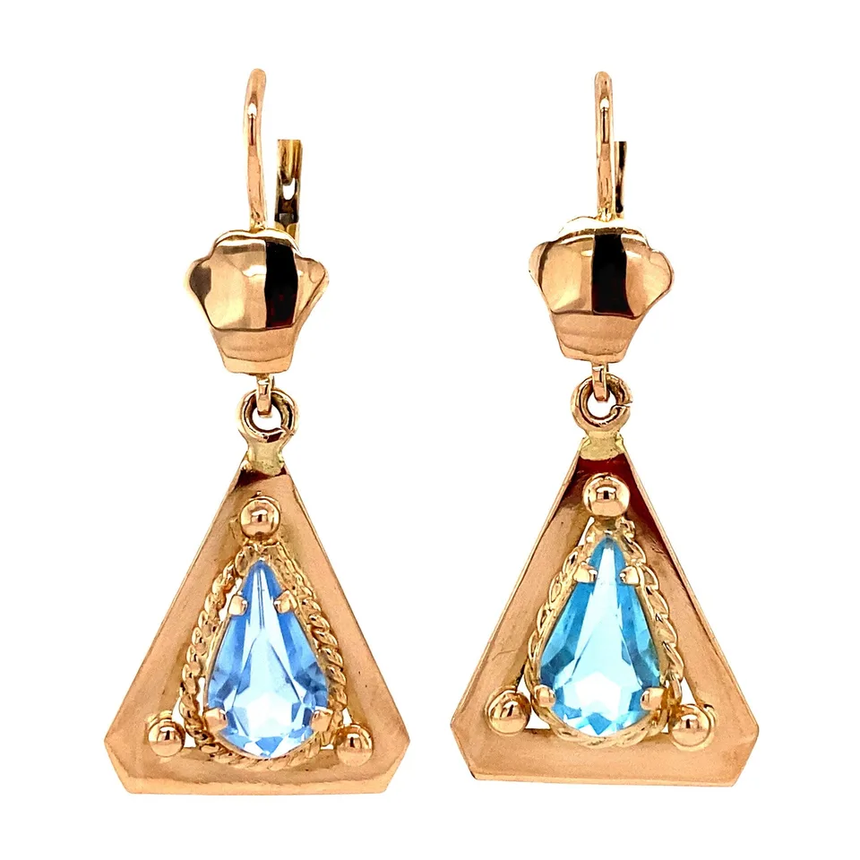 Vintage 18K Gold Drop Earrings with Blue Colored Stone