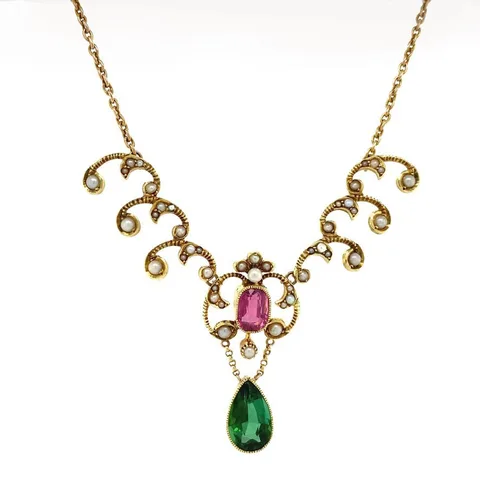 Vintage 14K Gold Choker with Pearl and Tourmaline