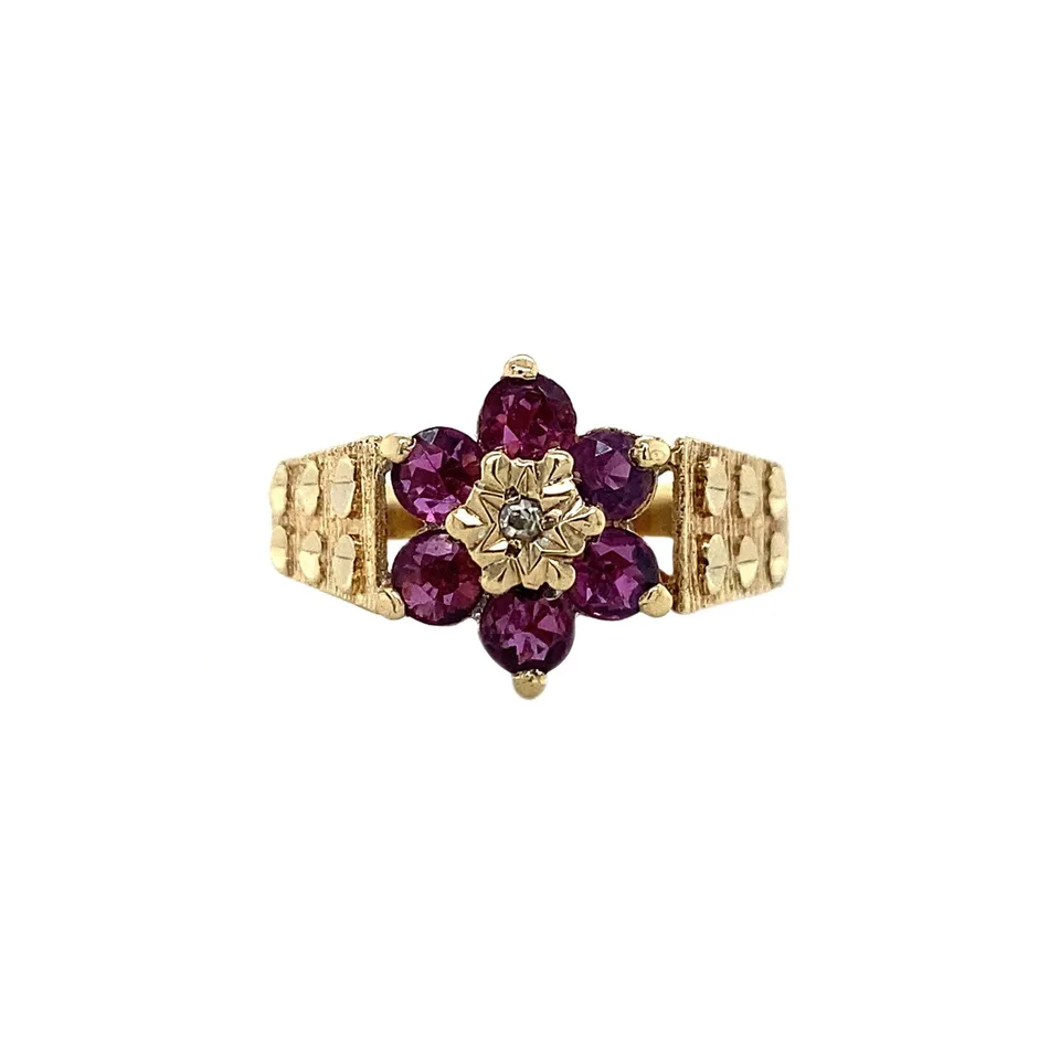 Vintage Two Tone Cluster 9K Gold Ring with Diamond and Ruby
