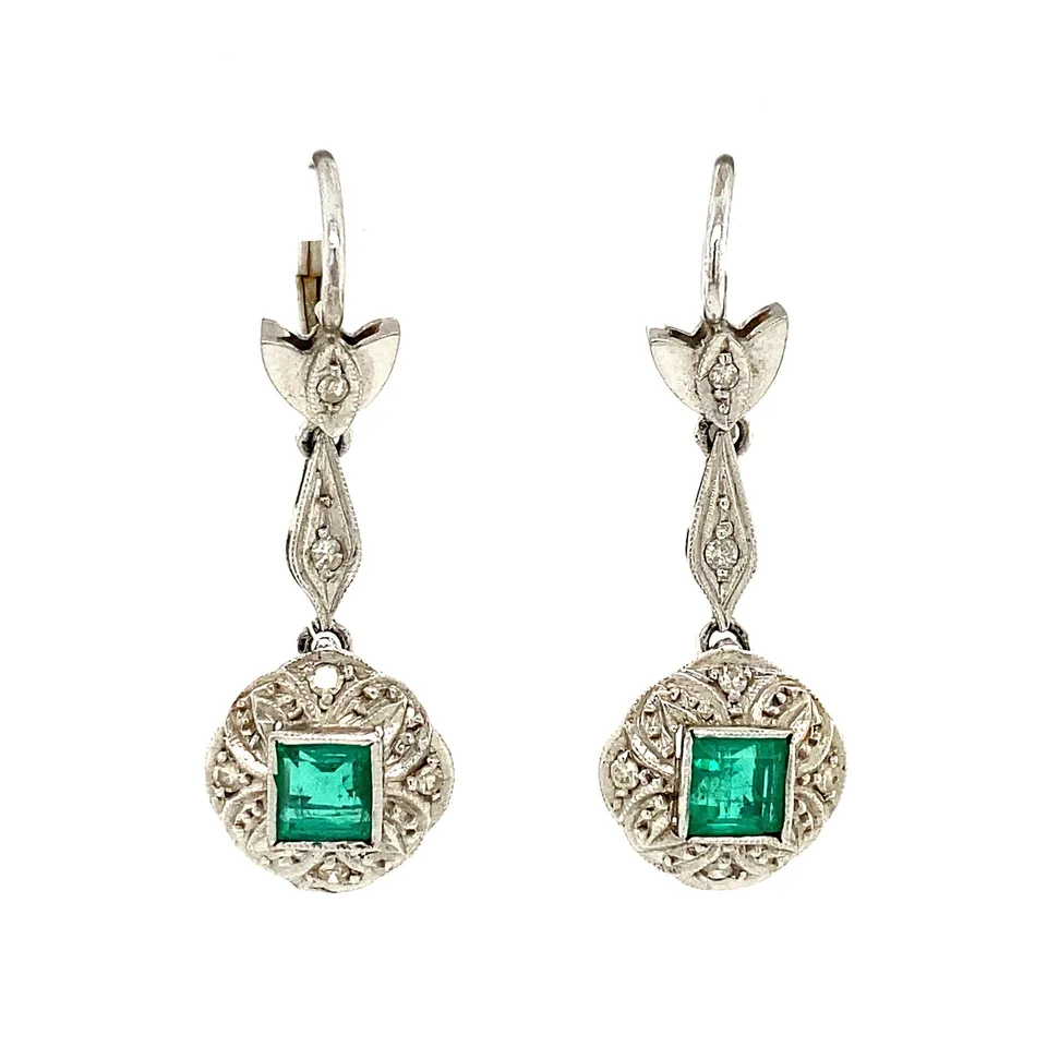 Vintage 14K White Gold Drop Earrings with Diamond and Emerald