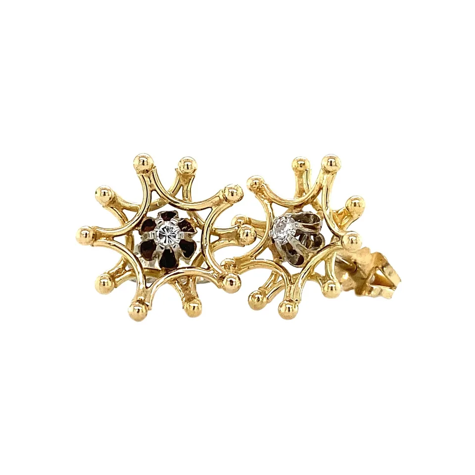 Vintage 14K Two Tone Gold Stud Earrings with Diamond