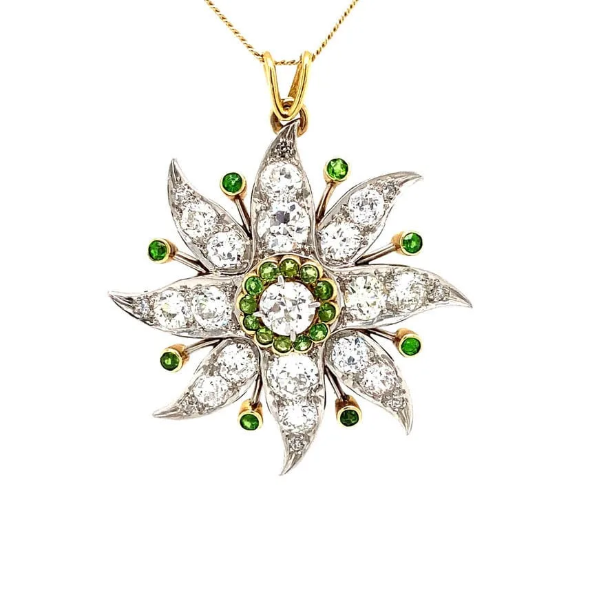 Vintage 14K Gold Sunburst Pendant with Diamond and Demantoid