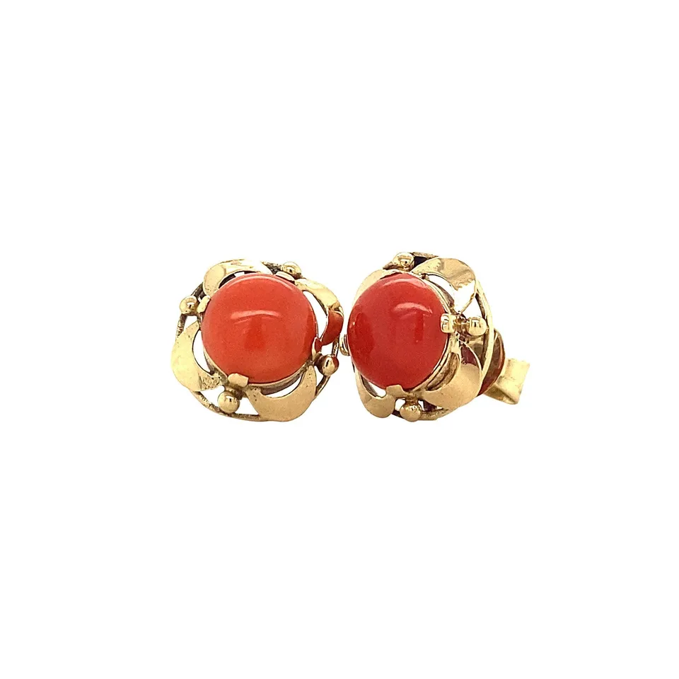 Vintage 14K Gold Stud Earrings with Red Coral