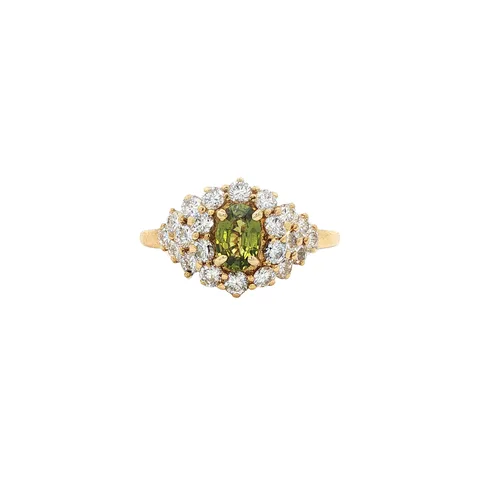 Vintage 18K Gold Ring with Green Sapphire and Diamond