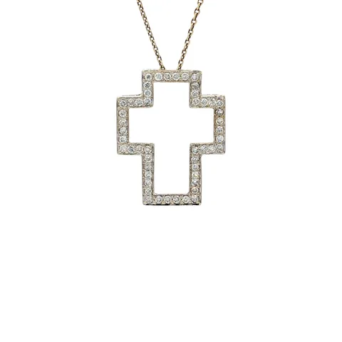 Vintage 18K White Gold Cross Pendant with Diamond