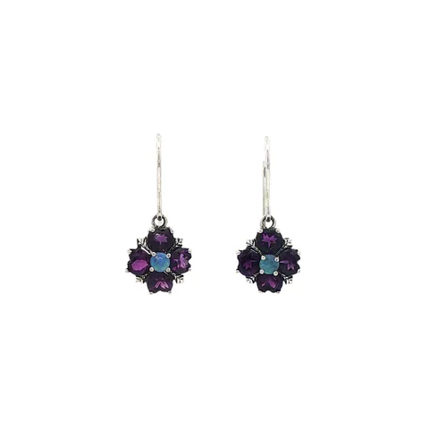 Vintage Sterling Silver Drop Earrings with Opal and Amethyst