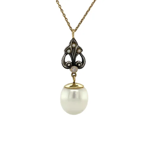 Vintage 14K Gold with Silver Pendant with Diamond and Pearl