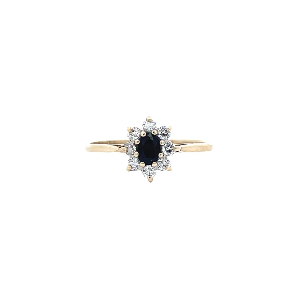 Vintage Cluster 9K Gold Ring with Sapphire and Cubic Zirconia