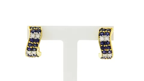 Vintage 14K Gold Hinged Hoop Earrings with Diamond and Sapphire