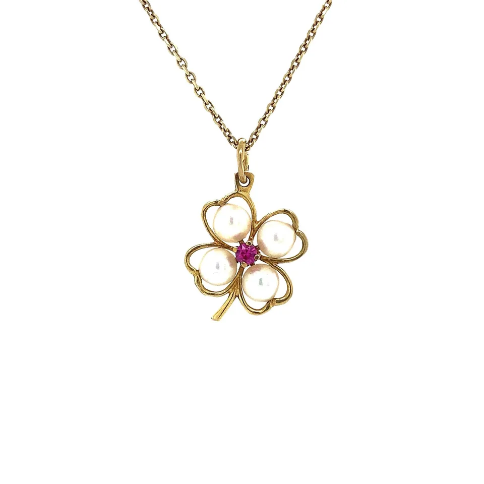 Vintage 18K Gold Pendant with Pearl and Ruby