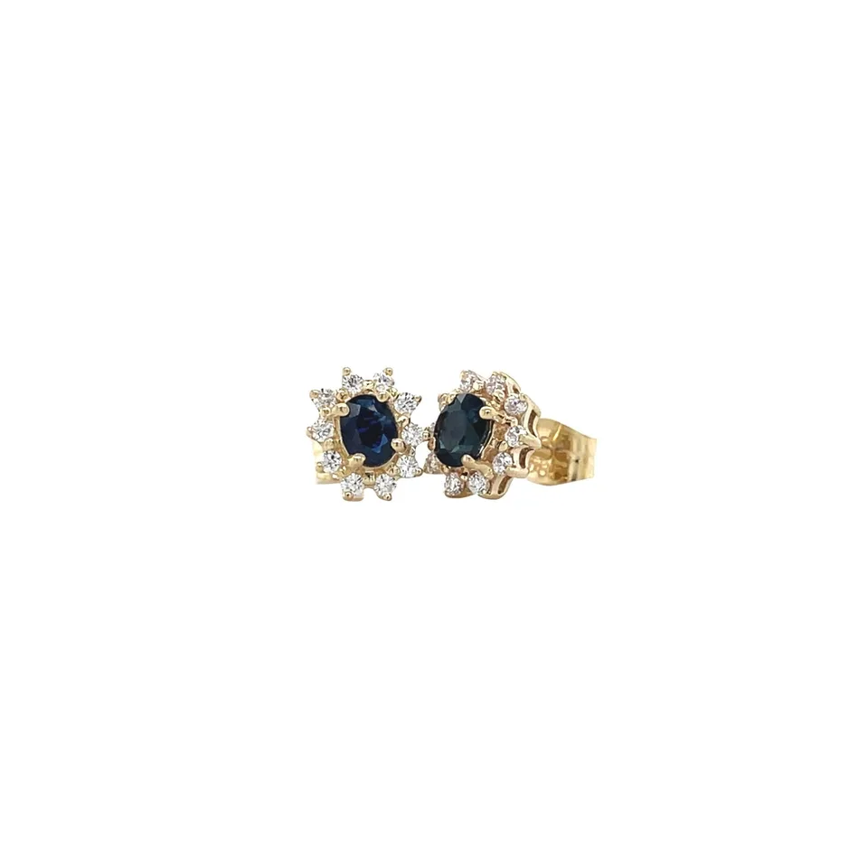 Vintage 14K Gold Cluster Stud Earrings with Sapphire and Cubic Zirconia