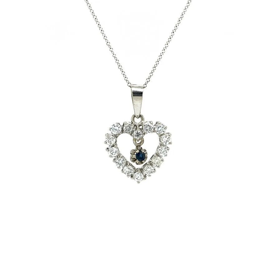 Vintage 18K White Gold Heart Pendant with Diamond and Sapphire