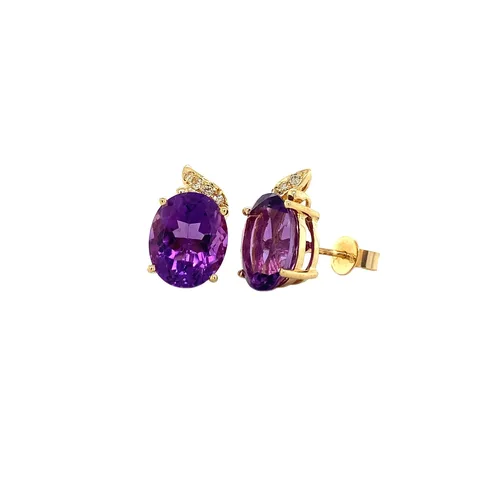 Vintage 14K Gold Stud Earrings with Amethyst and Diamond