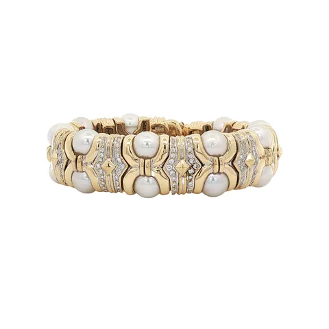 Vintage 18K Yellow Gold Bangle with Pearl and Diamond