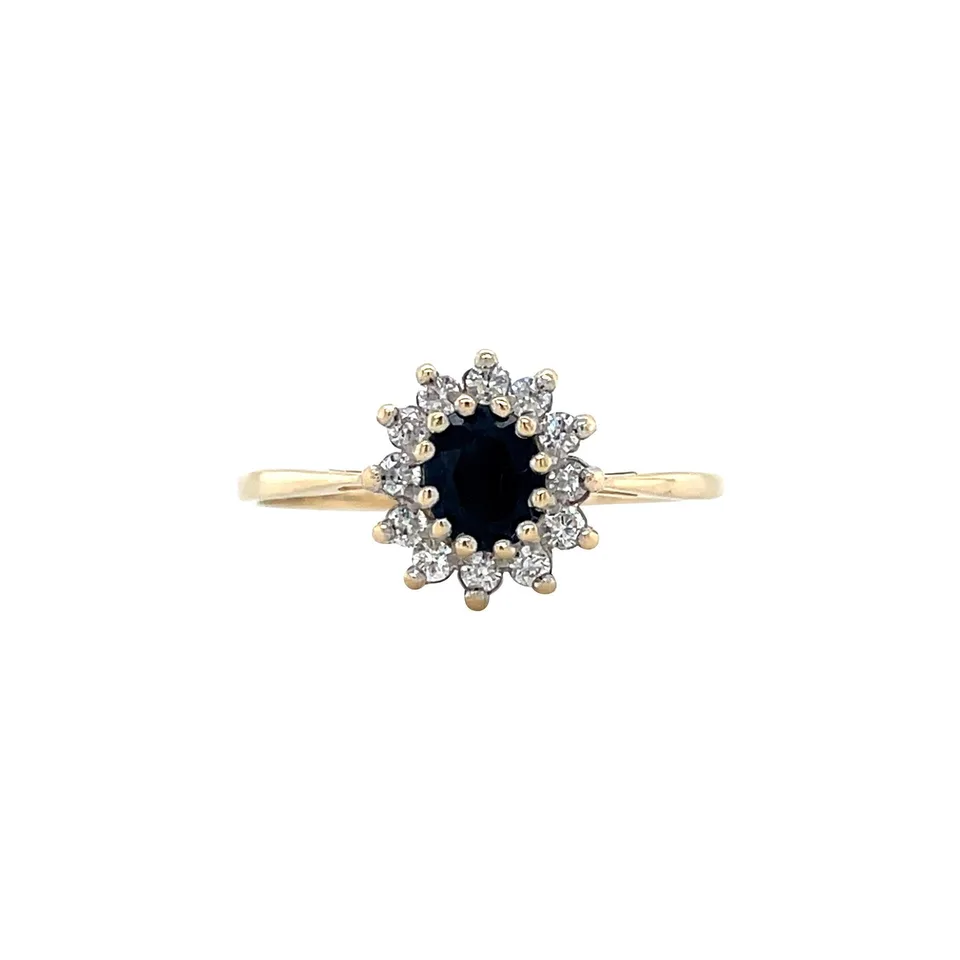 Vintage 14K Gold Cluster Ring with Sapphire and Moissanite