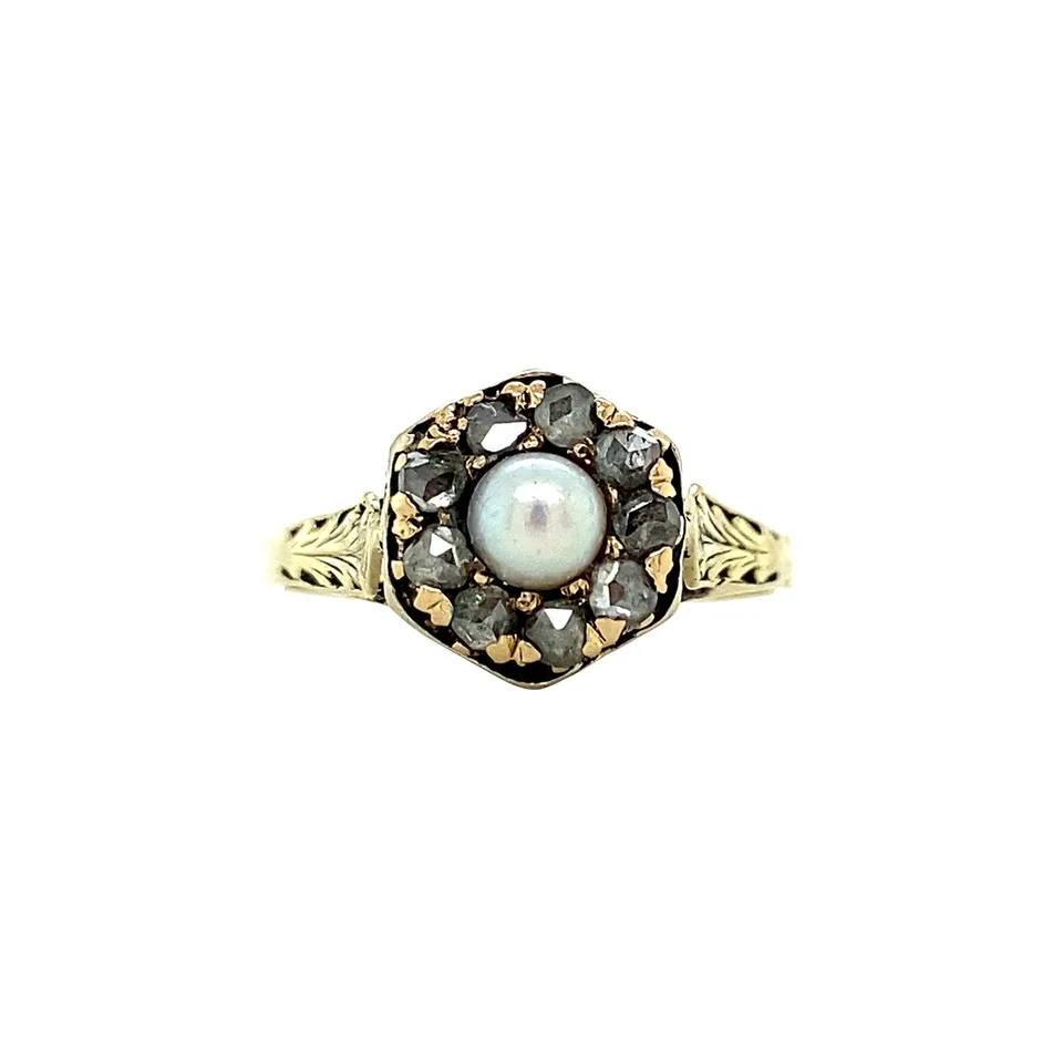 Vintage Cluster 10K Gold Ring with Rose Cut Diamond and Pearl