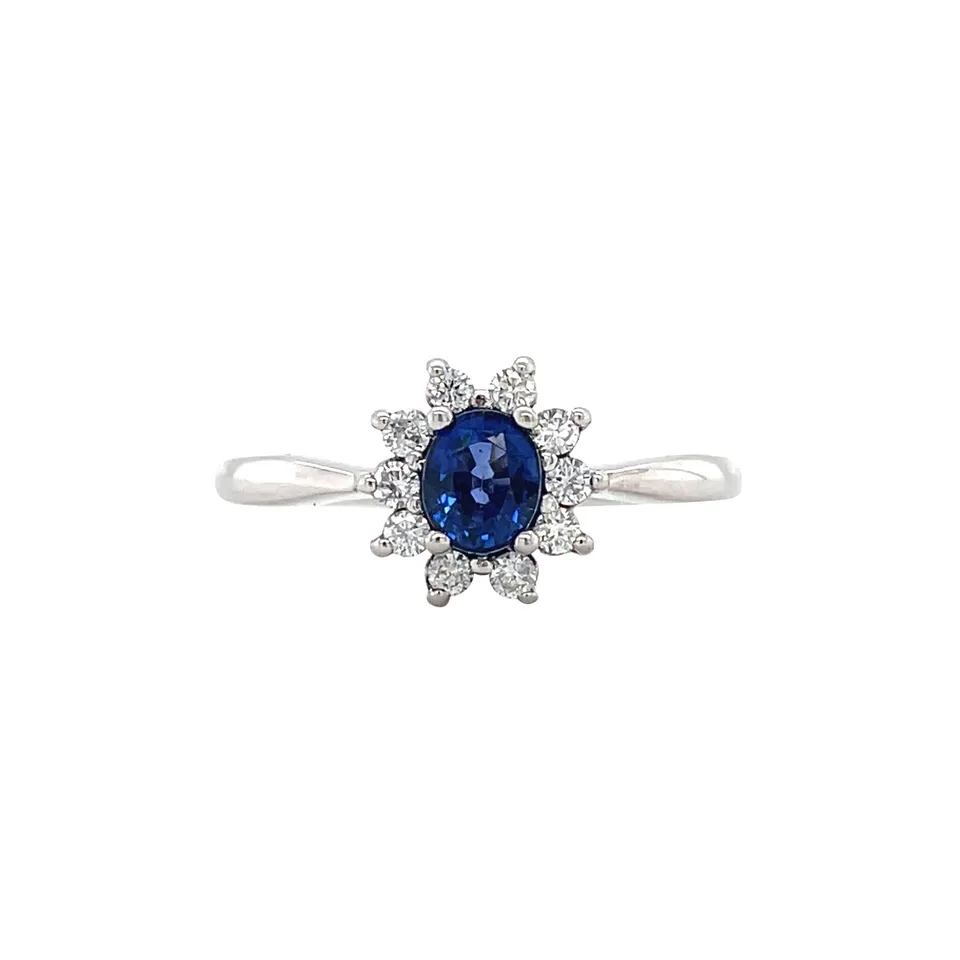 Vintage 14K White Gold Cluster Ring with Sapphire and Diamond