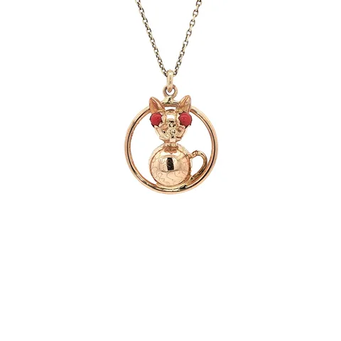 Vintage 14K Gold Cat Pendant with Colored Stone