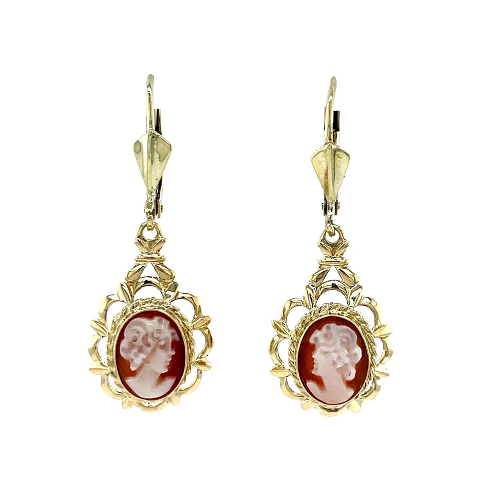 Vintage 14K Gold Drop Earrings with Cameo