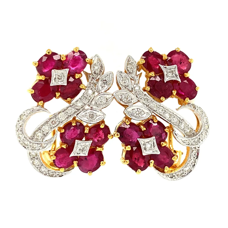 Vintage 18K Gold Drop Earrings with Ruby and Diamond