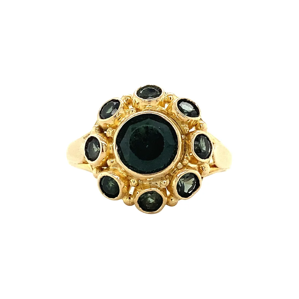Vintage 14K Gold Cluster Ring with Groen Glass