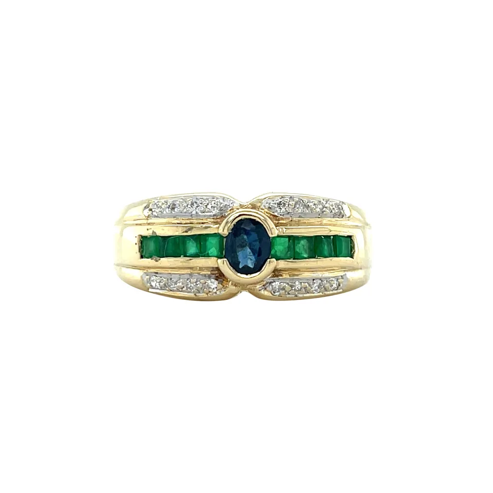 Vintage 14K Gold Ring with Emerald, Sapphire and Diamond