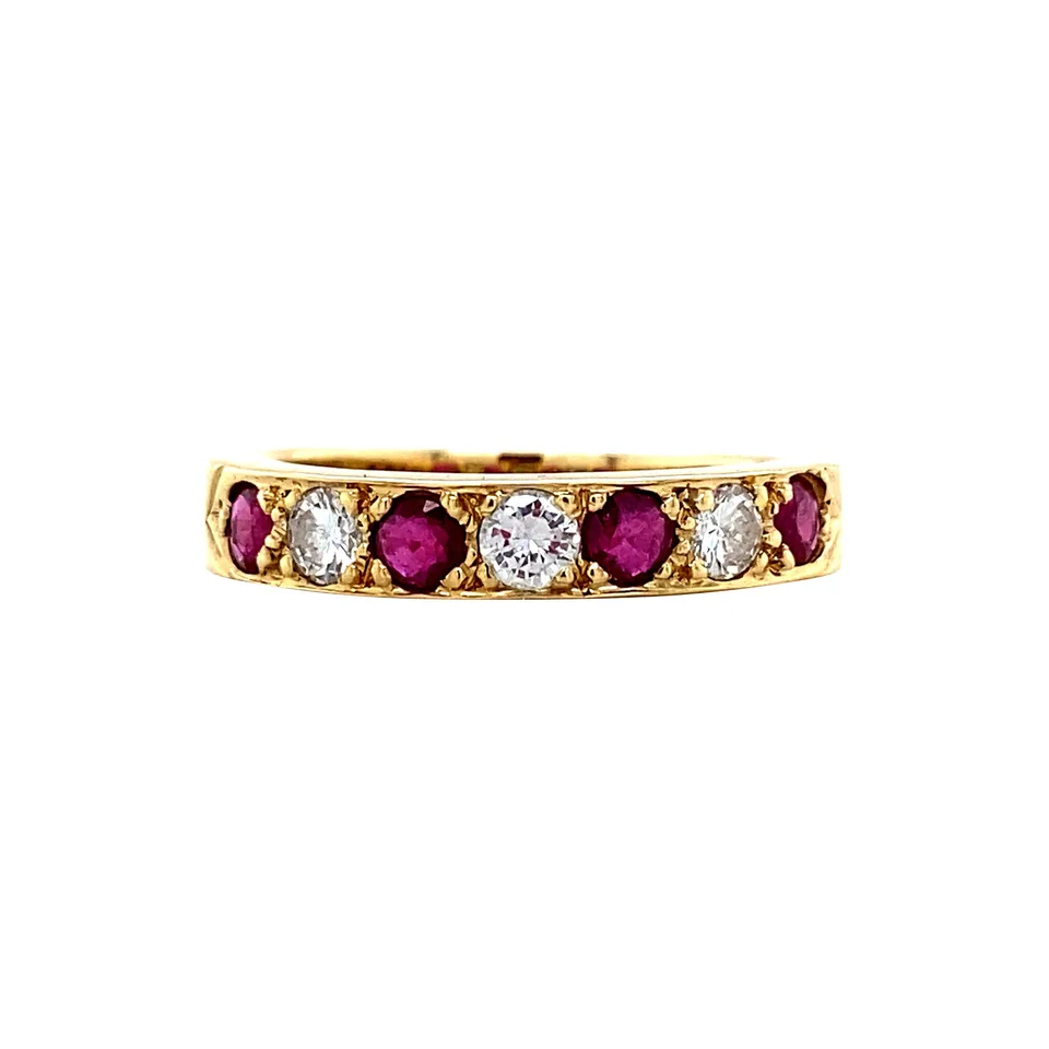 Vintage 18K Gold Half Eternity Ring with Ruby and Diamond