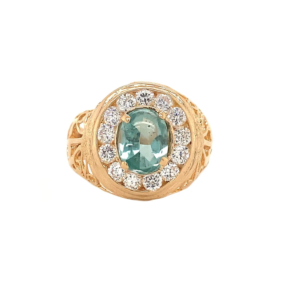 Vintage 14K Gold Cluster Ring with Green Spinel and Cubic Zirconia