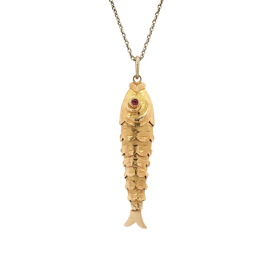 Vintage 14K Gold Fish Pendant with Ruby