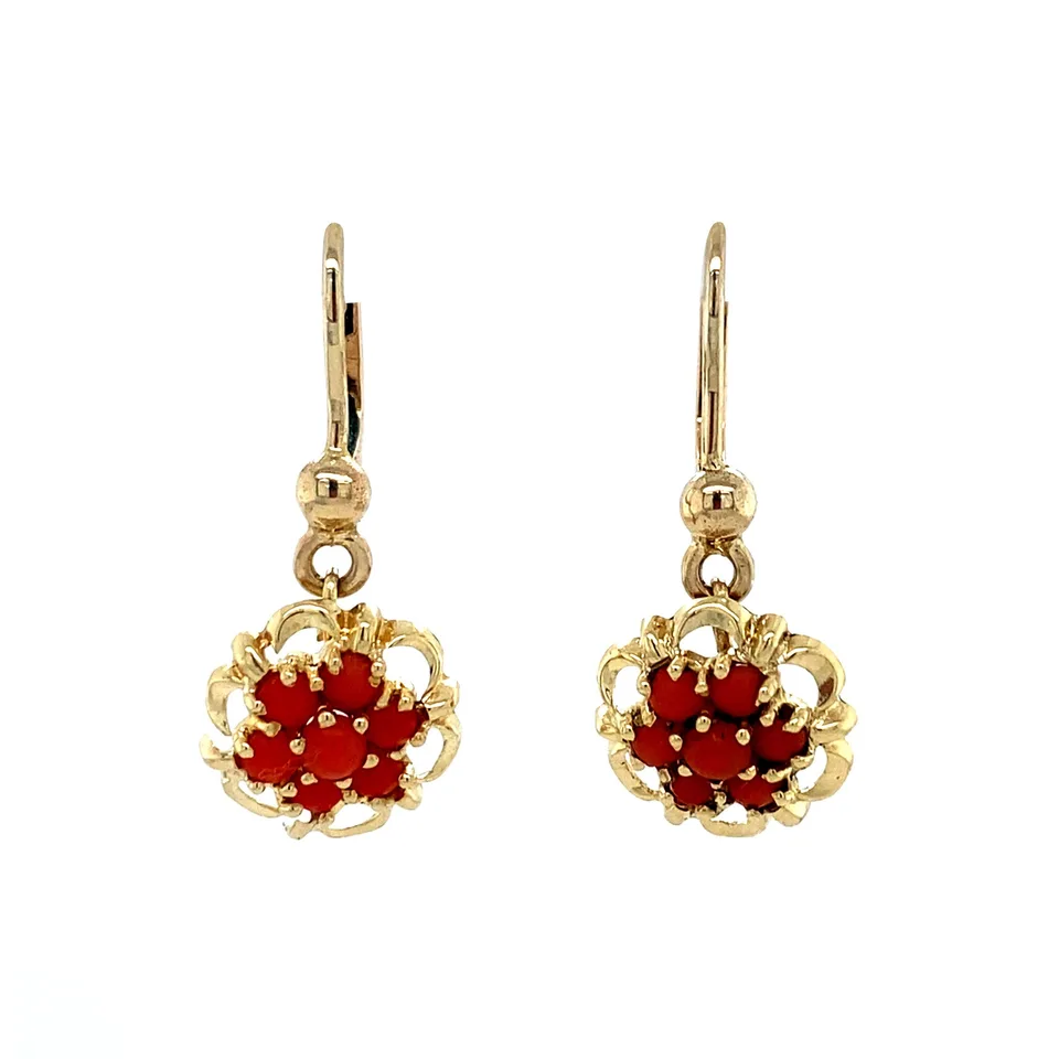 Vintage 14K Gold Cluster Drop Earrings with Red Coral