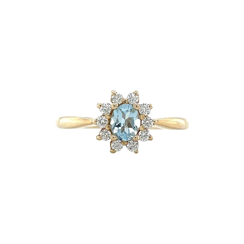 Vintage 14K Gold Cluster Ring with Aquamarine and Diamond